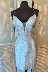 Tight Silver Beaded Short Homecoming Dresses