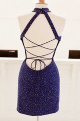 Tight Purple Short Party Dress with Gold Sequins