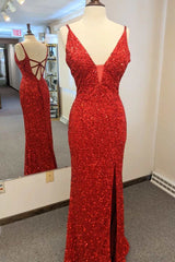 Red Sequin Plunge Neck Cutout Back Long Prom Dresses with Slit