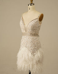 Gorgeous White Spaghetti Straps Beaded Homecoming Dress With Feather