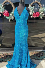 Blue Sequin V-Neck Cross-Back Mermaid Long Prom Dresses