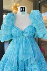 Blue Puff Sleeves Ruffles Babydoll Homecoming Dress with Bow