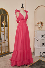 Rose Pink Ruffle Shoulder Plunging V Neck A-line Lace-Up Long Prom Dress