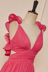 Rose Pink Ruffle Shoulder Plunging V Neck A-line Lace-Up Long Prom Dress