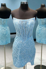 Light Blue Strapless Short Homecoming Dress