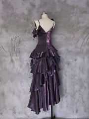 Dark Purple Asymmetrical Layered Flounce Spaghetti Strap Dresses Evening Gown