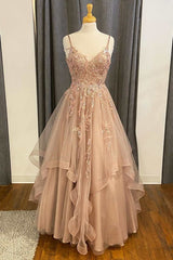 Champagne Lace Beaded V-Neck Straps A-Line Tiered Prom Dresses