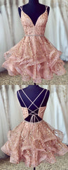 pink straps short homecoming Dresses prom gown waist with beaded