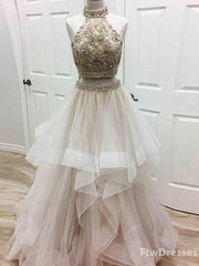 a line prom Dresses high neck tulle long prom Dresses evening Dresses