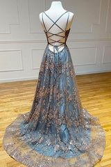 A-line Tulle Straps Sequins Lace Prom Dresses Split Evening Dresses