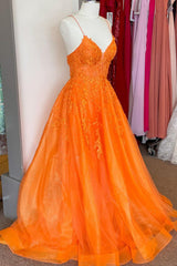 A Line V Neck Orange Lace Long Prom Dress, Orange Lace Formal Dress, Orange Evening Dress