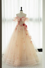 A Line Off the Shoulder Prom Dresses with Flowers, Charming Tulle Party Gown