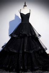 Black Tulle Open Back V Neck Beaded Layered Long Prom Dresses