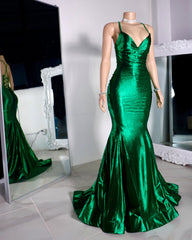 Satin Trumpet V-Neck Spaghetti Straps Prom Evening Dress For Black Girls