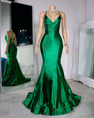 Satin Trumpet V-Neck Spaghetti Straps Prom Evening Dress For Black Girls