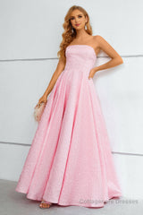 Pink Lace Up A-Line Strapless Prom Dress