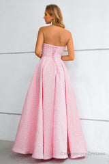 Pink Lace Up A-Line Strapless Prom Dress