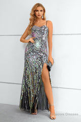 Black Spaghetti Straps Beaded Prom Dress With Slit