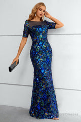 Royal Blue Sequined Short Sleeves Formal Dress