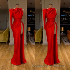 One-shoulder Long sleeves High-split Soft pleated Red Prom Dress