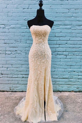 Classy Gold Lace Appliques Long Strapless Prom Dresses with Side Slit