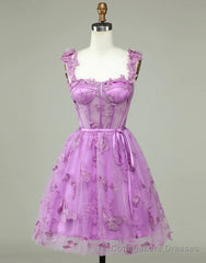 Cute Purple A-Line Lace Up Tulle Homecoming Dress With Appliques