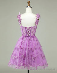 Cute Purple A-Line Lace Up Tulle Homecoming Dress With Appliques