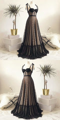 Vintage Polka Dots Spaghetti Straps Black Long Prom Dresses