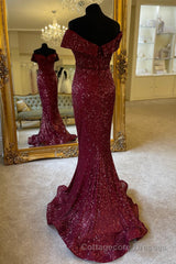 Off the Shoulder Burgundy Sequins Mermaid Long Formal Dress