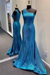 Elegant Mermaid Blue One Shoulder Long Formal Dresses