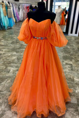 Puffy Sleeves Orange Long Formal Dresses