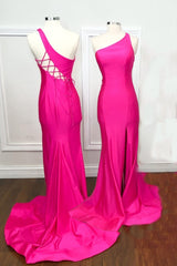 One Shoulder Hot Pink Mermaid Long Formal Dresses