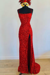 Mermaid Red Sequin Long Prom Dresses with Slit