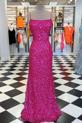 Neon Pink Sequin Mermaid Long Formal Dress