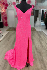 Modest Hot Pink Sequin Mermaid Side Slit Formal Dresses