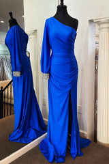 Mermaid One Shoulder Long Sleeve Royal Blue Party Dresses