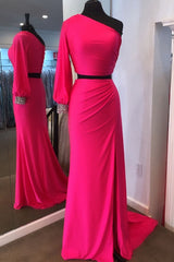 Two Piece Neon Pink One Sleeve Formal Dresses