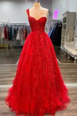 One Shoulder Red A-line Appliques Tulle Formal Gown