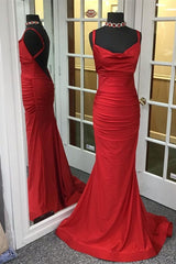 Mermaid Red Cowl Neck Long Prom Dresses