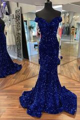 Off the Shoulder Royal Blue Sequins Mermaid Long Formal Dresses