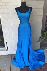 Blue Beaded Mermaid Straps Long Formal Dresses