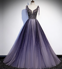 Charming Purple Gradient Tulle V Neckline Long Party Dresses, A Line Prom Dresses