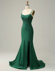 Dark Green Spaghetti Straps Corset back Prom Dress With Split