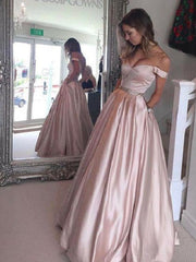 Dusty Pink Long Off Shoulders Prom Dresses with Pockets