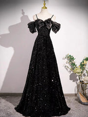 A-Line Off Shoulder Velvet Sequin Long Black Prom Dresses, Black Long Evening Dresses