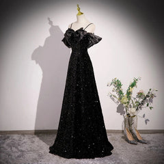 A-Line Off Shoulder Velvet Sequin Long Black Prom Dresses, Black Long Evening Dresses