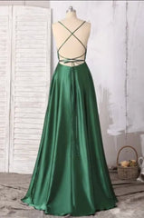 Emerald Green Prom Dresses, Strappy Back Slit Simple Satin Prom Dresses