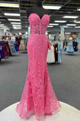 Mermaid Sweetheart Hot Pink Lace Appliques Prom Dresses