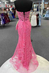 Mermaid Sweetheart Hot Pink Lace Appliques Prom Dresses