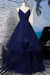 Fluffy V Neck Navy Blue Long Prom Dresses, With Straps V Neck Navy Blue Formal Dresses, Navy Blue Evening Dresses